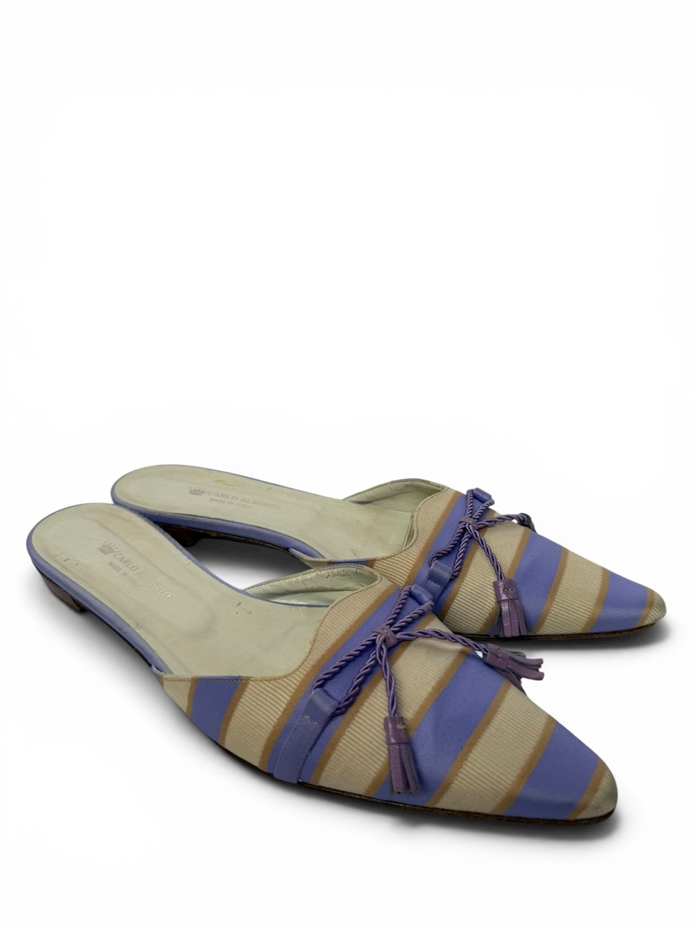 Carlo Alberto Italy Pointed Toe Mule Heels Lilac Stripe Tassel 10